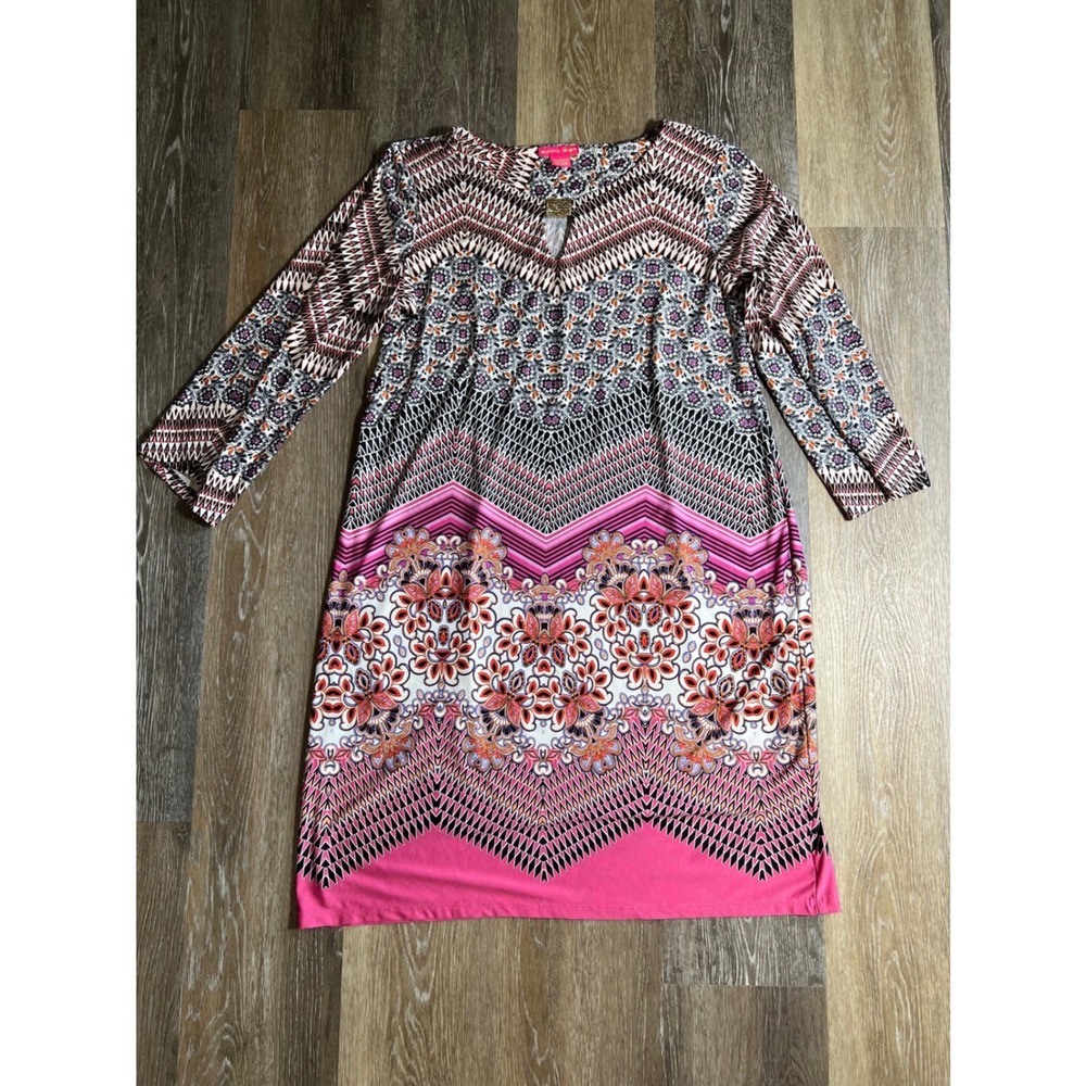 Sunny Leigh Shift Dress Womens L Pink Geometric Floral Paisley 3/4 Sleeve Good